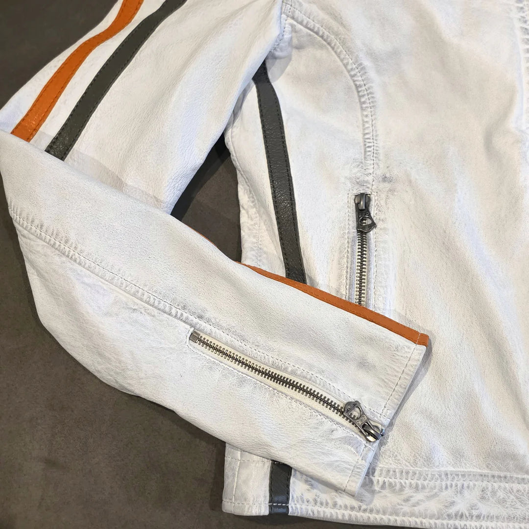 Women's Lambskin Leather Racing Jacket in Vintage White