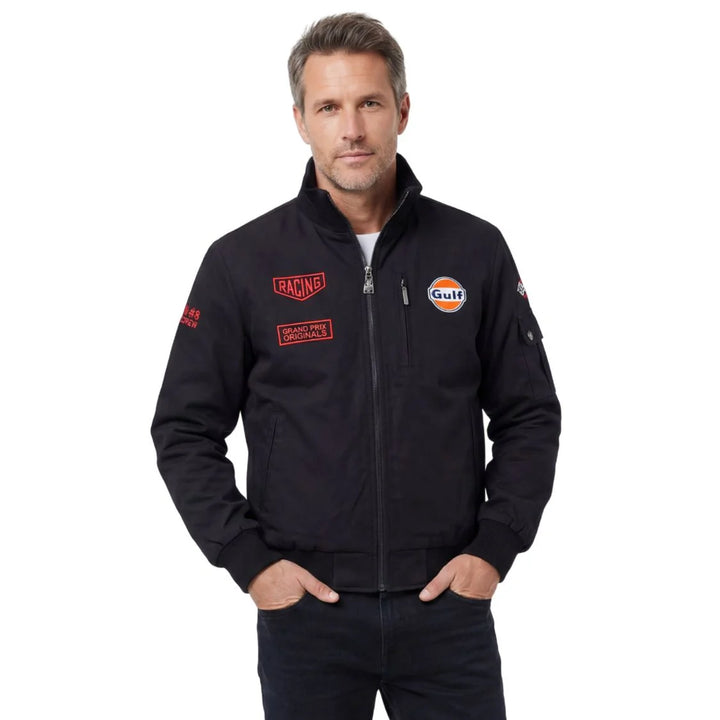 Gulf Men's Sebring Racer Cotton Bomber Jacket in Black