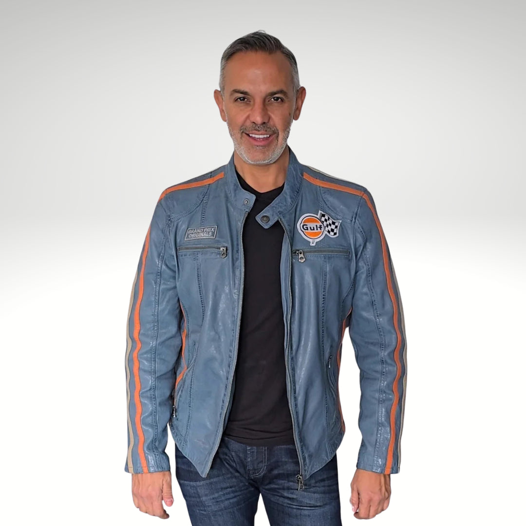 Men's Gulf Lambskin Leather Racing Jacket in Vintage Gulf Blue