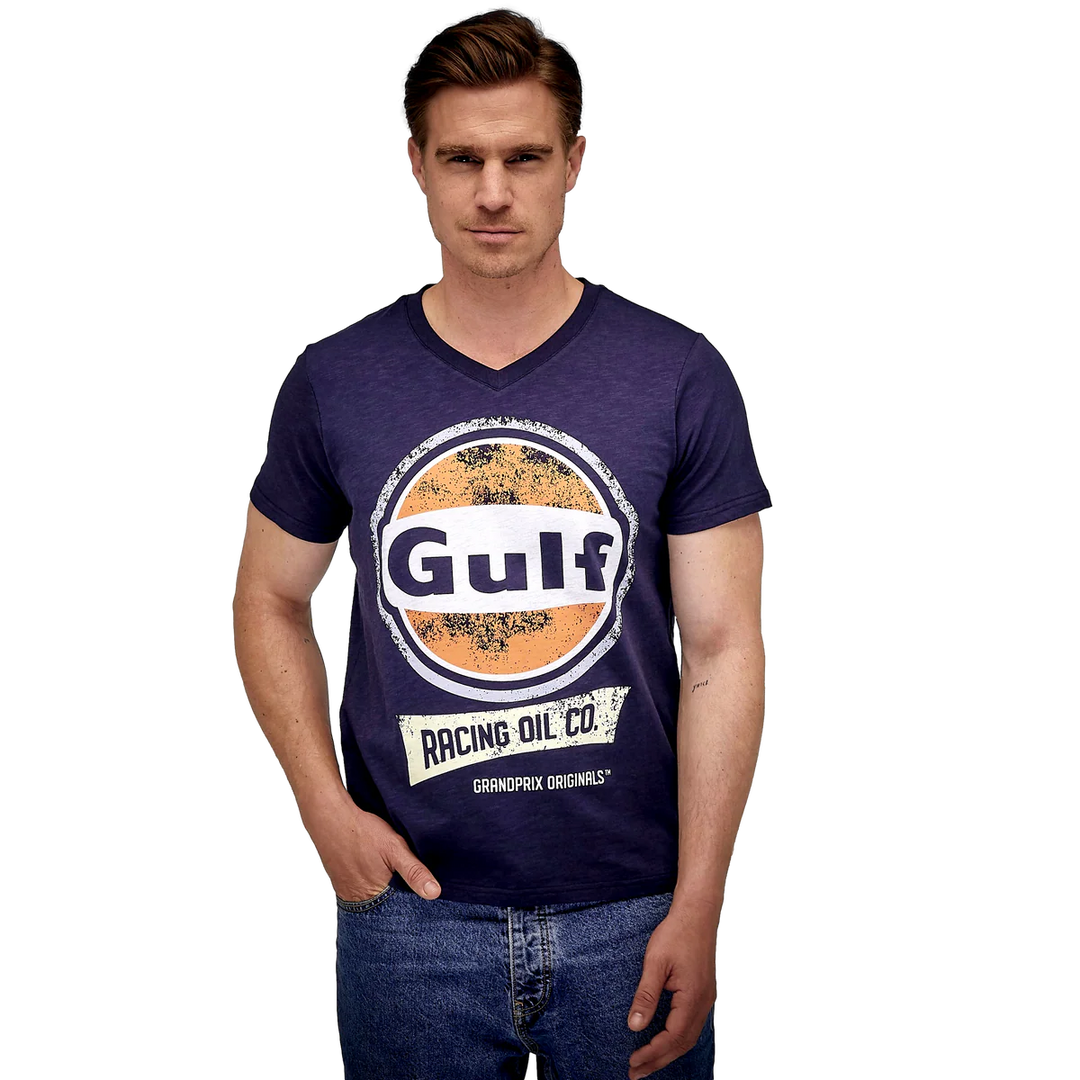 **NEW** Gulf Racing Oil V-Neck T-Shirt in Navy