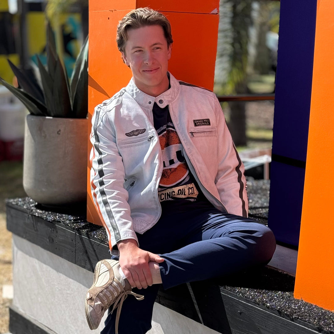 Men's Lambskin Leather Racing Jacket in Vintage White