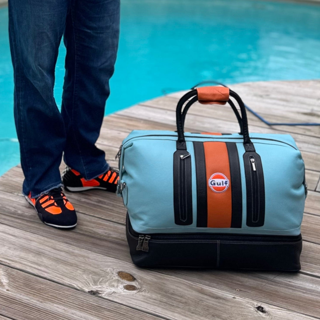 Gulf Leather Track Sport Dual-Compartment Bag in Gulf Blue