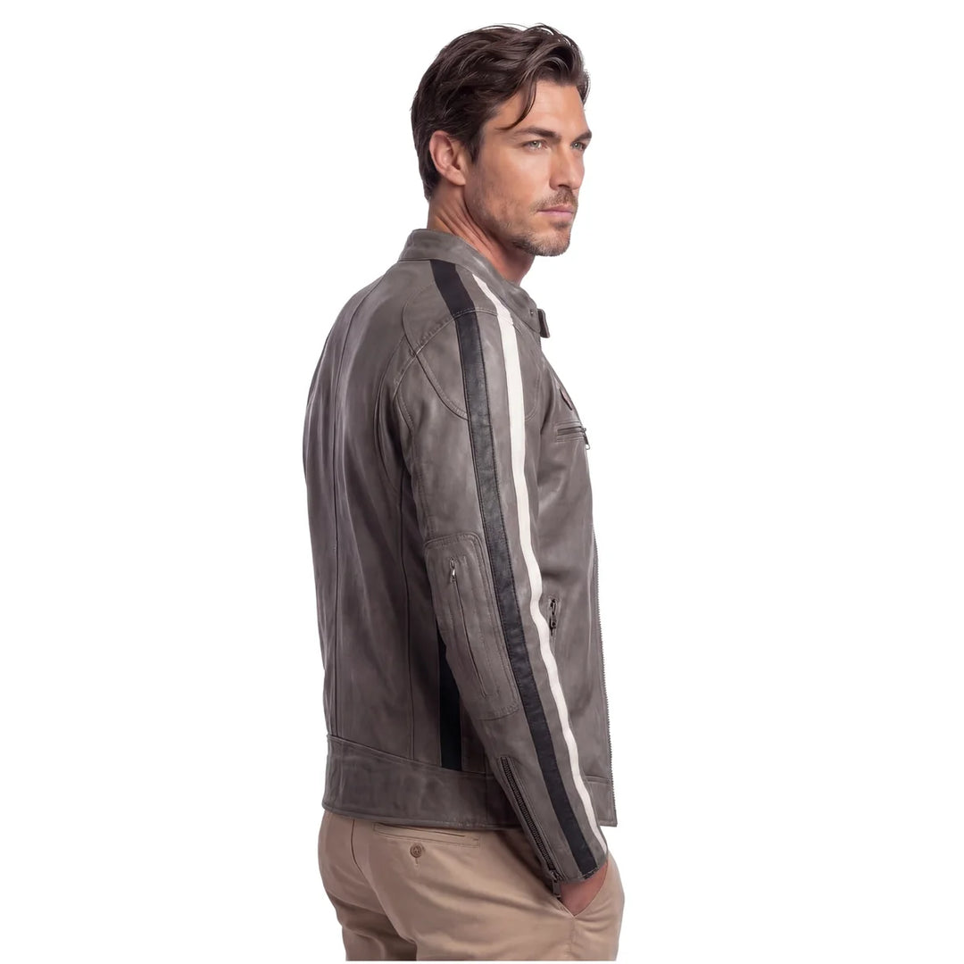 Men's Lambskin Leather Racing Jacket in Classic Gunmetal Grey