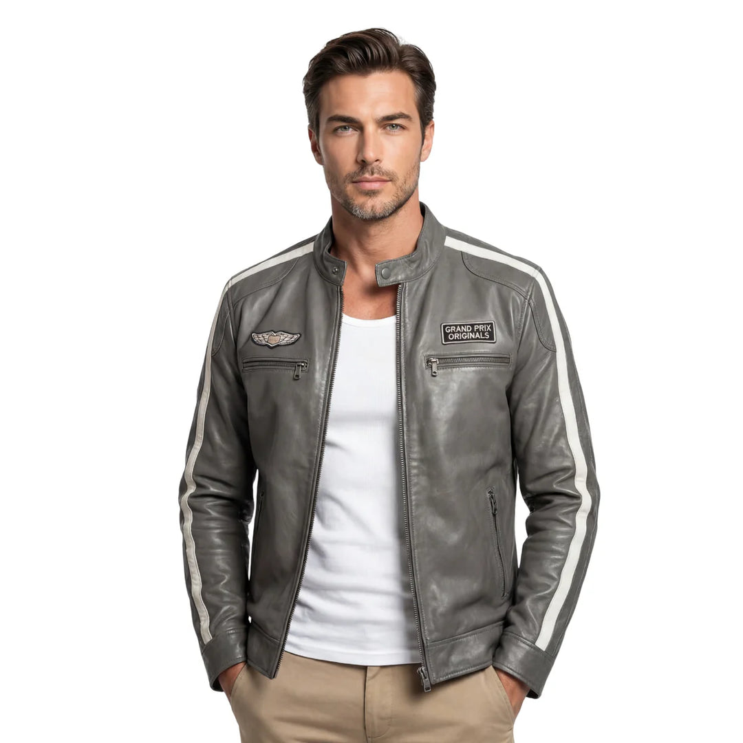 Men's Lambskin Leather Racing Jacket in Classic Gunmetal Grey