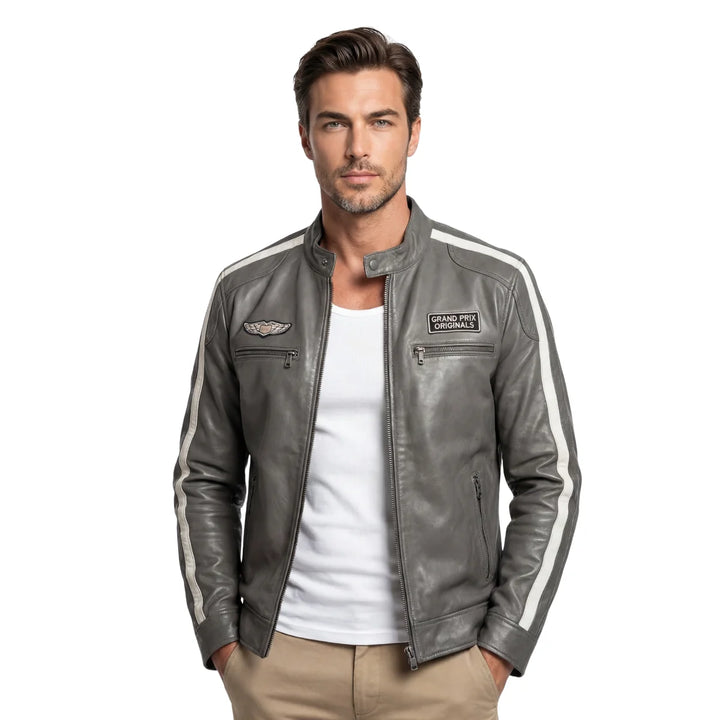 Men's Lambskin Leather Racing Jacket in Classic Gunmetal Grey
