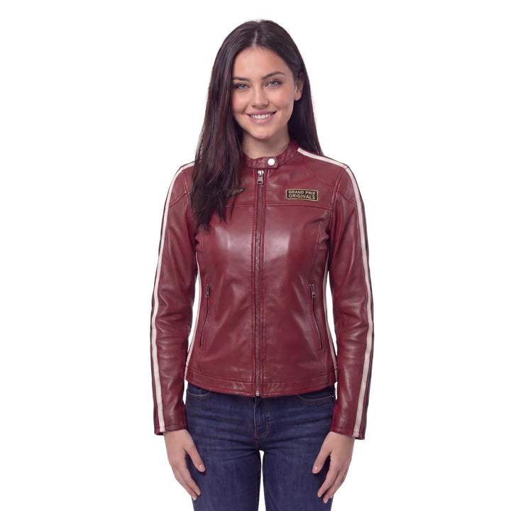 Women's Lambskin Leather Racing Jacket in Classic Oxblood Red