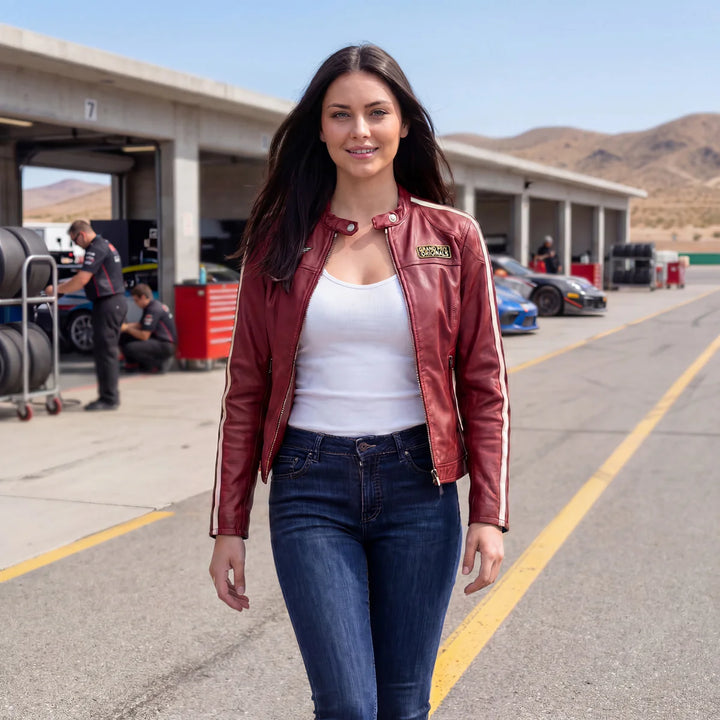 Women's Lambskin Leather Racing Jacket in Classic Oxblood Red