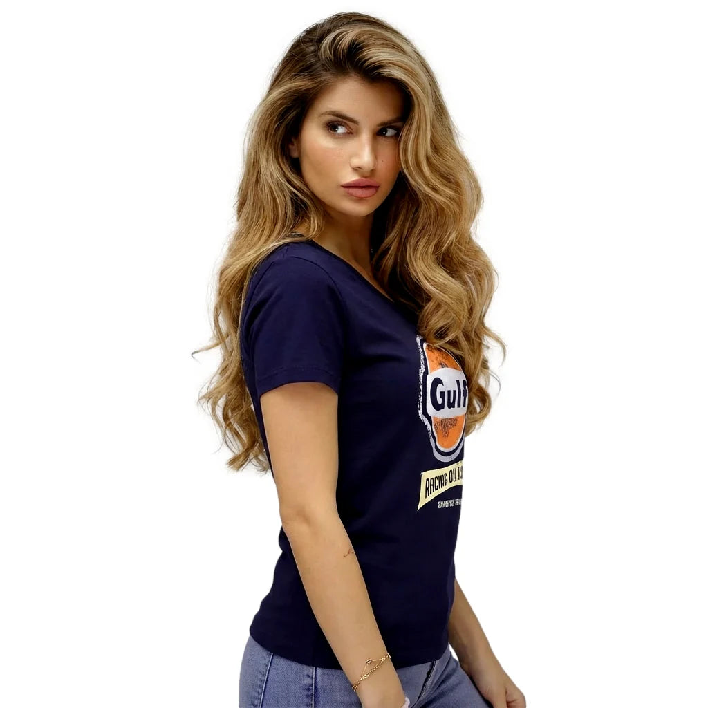 Women's Gulf Racing Oil V-Neck T-Shirt in Navy