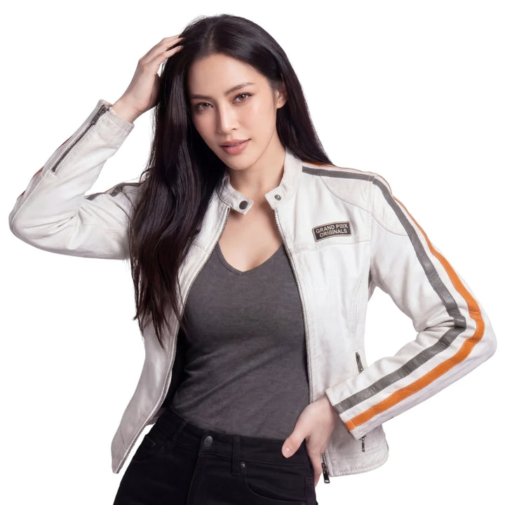 Women's Lambskin Leather Racing Jacket in Vintage White
