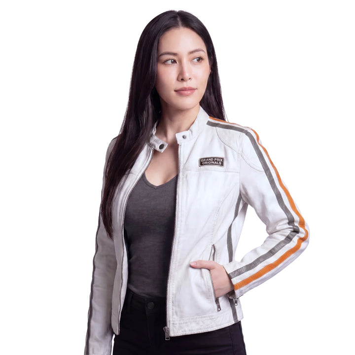 Women's Lambskin Leather Racing Jacket in Vintage White