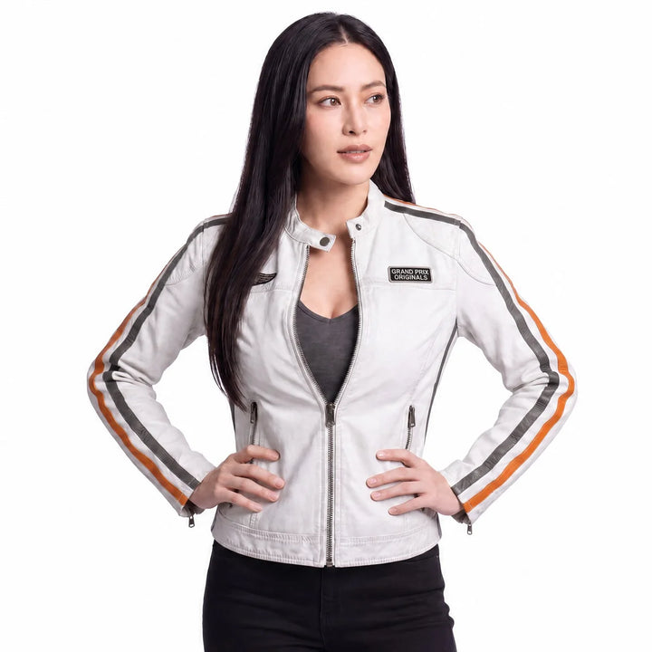 Women's Lambskin Leather Racing Jacket in Vintage White