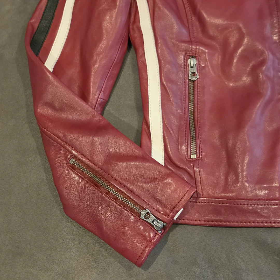 Women's Lambskin Leather Racing Jacket in Classic Oxblood Red